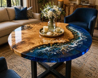 Luxury Epoxy Resin Ocean Table Round Wooden River Table Handmade Coastal Coffee Table with Iron Stand
