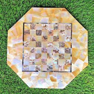 Octagon Marble Chess Set Board Unique Golden Mother Of Pearl Inlaid Mosaic Stone Handmade Gift