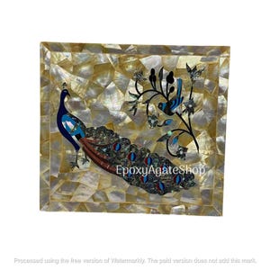May include: Square decorative inlay with a peacock design. The peacock is depicted with blue, red, and green accents. The background is a mosaic of iridescent shell pieces. The text "EpoxyAgateShop" is visible.