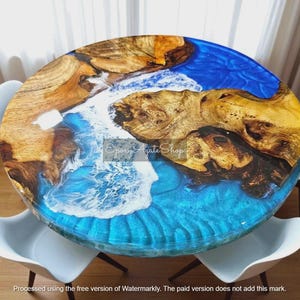 Elegant Ocean Wave Round Epoxy Resin Coffee Tabletop - Live Edge Acacia Walnut Wood Handmade Arts River Bar Counter & Home interior Decor