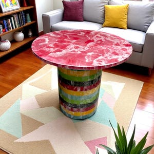 Rose Quartz Stone Coffee End Tabletop with Unique Stand Crystal Modern Arts Centerpiece for Dining Room Interior with Living Room Furniture