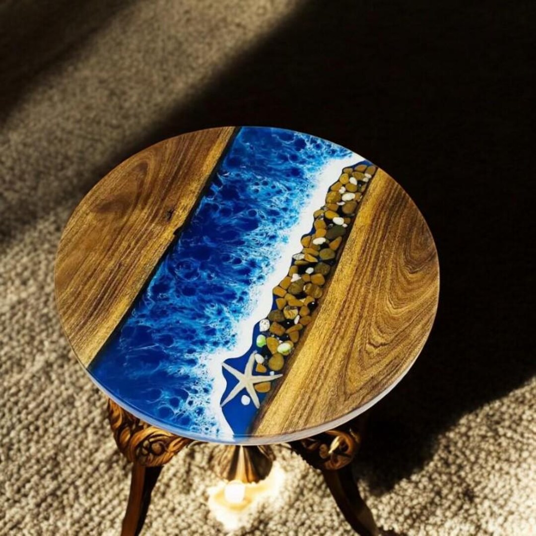 Ocean Wave Epoxy Resin Sofa Center Table Natural Acacia Wood With Stand ...
