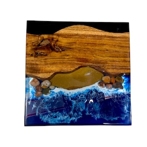 Square Ocean Epoxy Resin Sofa Center Table Top Natural Acacia Wood Hand-Carved Luxury Centerpiece Interior Furniture & Hallway Interior Deco