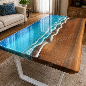 Epoxy Resin Ocean Dining Table Top – Luxury Wood River Counter Slab Modern Blue Wave Design with Iron Stand