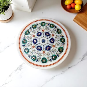 15&quot; White Marble Plate With Lapis Lazuli Stone Inlaid Work, Marquetry Art Pietra Dura Plate, Decorative Marble Plate, Kitchen & Dining Plate