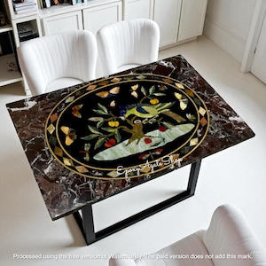 Black Marble Inlay Dining Table || Indian Inlaid Marble Craft with Pietra Dura Artwork || Elegant Birds Artisans Modern Design Furniture