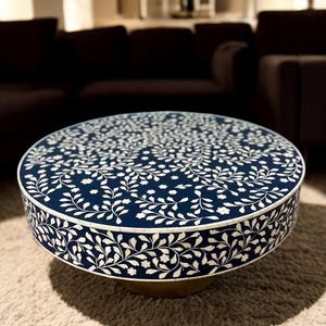36&#39;&#39; Round Marble Blue Bone Inlay Table Top Hand Carved Vintage Floral Design Centerpiece Mid Century Modern Arts with Hallway Interior Deco