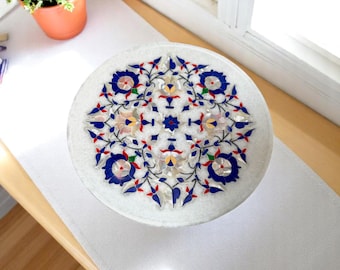 Exclusive White Marble Serving Plate Handmade Inlay Floral Marquetry Art Mosaic Stone Patio Collectible Kitchen Interior & Dinnerware Decors