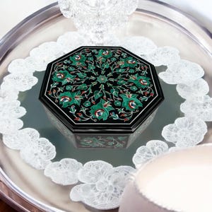 10&quot;x10&quot;x3&quot; Octagon Black Marble Storage Jewelry Box Pietradura Handmade Inlay Work Precious Stone Dressing Interior & Perfect Gift for Bride