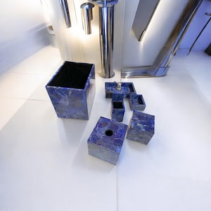 Lapis Lazuli Bathroom Vanity Top Set of 7 Pcs Random Blue Crystal Stone Soap Dispenser Soap Dish with Accessories Home Interior Decorative