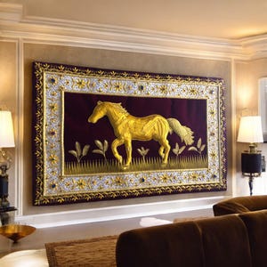Velvet Zardozi Wall Hanging: Golden Horse Embroidery Tapestry