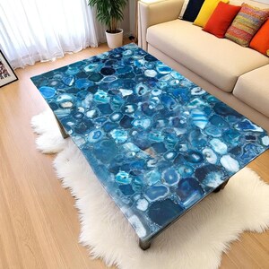 Rectangular Blue Agate Center Dining Table Tops, Luxury Stone Kitchen Slab Furniture, Handmade Art Mid Century Modern Look Furniture Decors