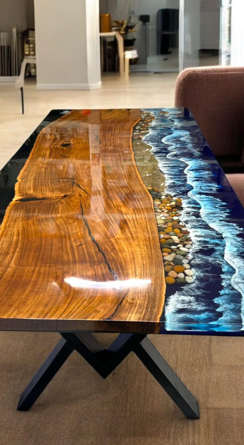 30"x36" Rectangle Ocean Wave Epoxy Resin Dining Table Natural Live Edge ...