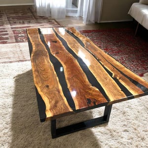 Elegant Black Epoxy Resin Center Dining Table with Stand Custom Made Live Edge Acacia Wood Handmade Mid Century Modern Art Furniture Decors
