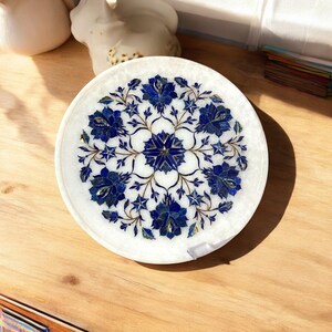 10&quot; White Marble Kitchenware Serving Plate Hand Craved Lapis Lazuli Precious Stone Pietradura Work Luxurious Art Home Interior Decors