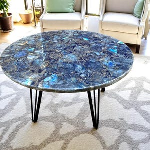 Round Natural Labradorite Side Table Top Sparkle Shine Gemstone Hand Carved Mid Century Modern Arts Luxury Sofa Centerpiece with Furniture