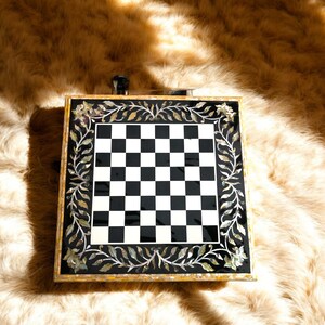 Square Black Marble Chess Tops Board Table Mother of Pearl with Abalone Shell Inlay Precious Stone Luxury Modern Office Interior Decorative