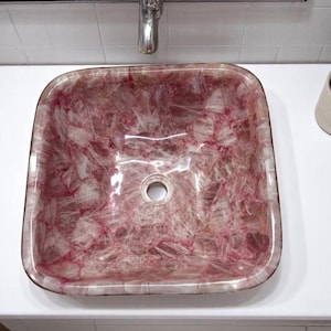 Rose Quartz Wash Basin | Handcrafted Crystal Pink Gemstone Kitchen & Bathroom Countertop Sink - for Spa | Utility Unique Bowl Vanity Tops