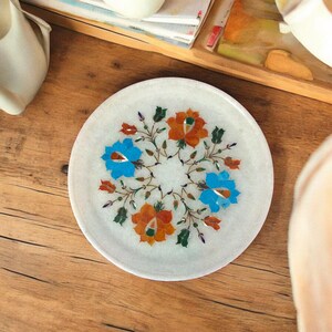 10&quot; Round White Marble Serving Plate Hand Made Marquetry Inlay Floral Arts Elegance Dinnerware Modern Design Kitchen and Home Interior Deco