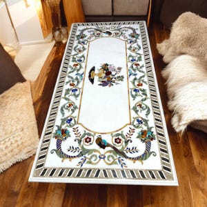 Rectangle White Marble Dining Table Inlay Floral Arts Handmade Work Kitchen Countertop Luxury Furniture & Office Meeting Room Interior Decor