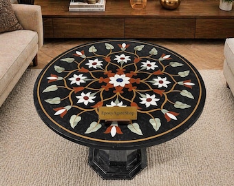 Tablero de mesa de centro redondo con incrustaciones de mármol negro y soporte de mármol. Mueble auxiliar personalizado con diseño floral moderno hecho a mano (base de 45 cm).