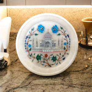 Unique White Marble Serving Dinnerware Plate Mother of Pearl with Turquoise Semi Precious Stone Tajmahal Design Personalized Gift for Decors
