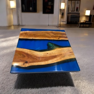 Square Blue Epoxy Resin Console Table Top Hand Carved River Mid Century Modern Arts Luxurious Acacia Wood Cafeteria Interior Furniture Decor