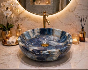 Handmade Blue Agate Sink Luxury Stone Vessel Basin Bathroom Countertop Decor