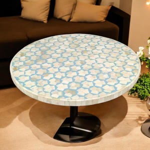 42&quot; Luxurious White Marble Bone Inlay Table Top Handcrafted Geometric Floral Design Custom Made Dining Room Interior Furniture Decorative