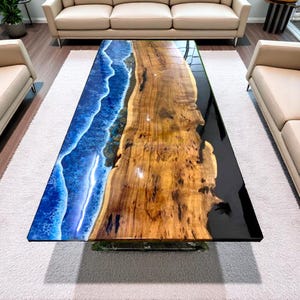 Beautiful Ocean Wave Epoxy Resin Dining Table Handcrafted Natural Live Edge Acacia Wood Unique Design Luxury Kitchen & Hotel Countertop Deco