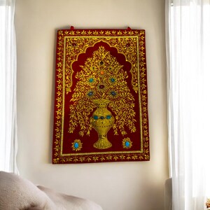 Zardozi Embroidery Wall Hanging: Red Velvet Jewel Carpet, 24x36 Floral Tapestry