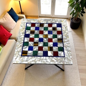 Multicolor Square Chess Tabletop Marble Inlay Artwork Precious Stone Best Gift for Siblings Birthday Home Interior & Adults playing Room Dec