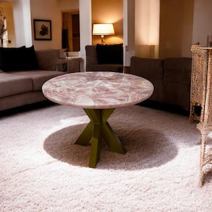 Round Rose Quartz Coffee Table Top with Stand Centerpiece Luxurious Random Pink Gemstone Mid Century Modern Arts Hallway Furniture Decors