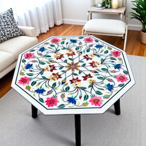 Elegance White Marble Coffee End Table Top Pietra Dura Artwork Handmade Inlay Floral Luxurious Marquetry Modern Design Sofa Center Furniture