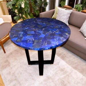 Round Lapis Lazuli Coffee Table Top with Iron legs Random Blue Healing Crystal Stone Handcrafted Arts Elegant Computer Desk & Hallway Decors