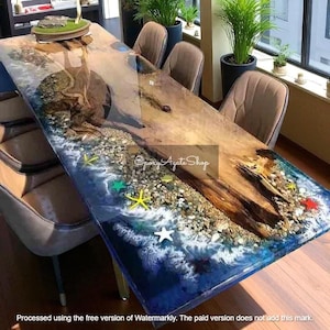 Blue Ocean Epoxy Coastal Dining Table - Handcrafted Modern Art Live Edge Walnut Acacia Wood Inspired Elegant Wave Design Cafe Furniture Deco