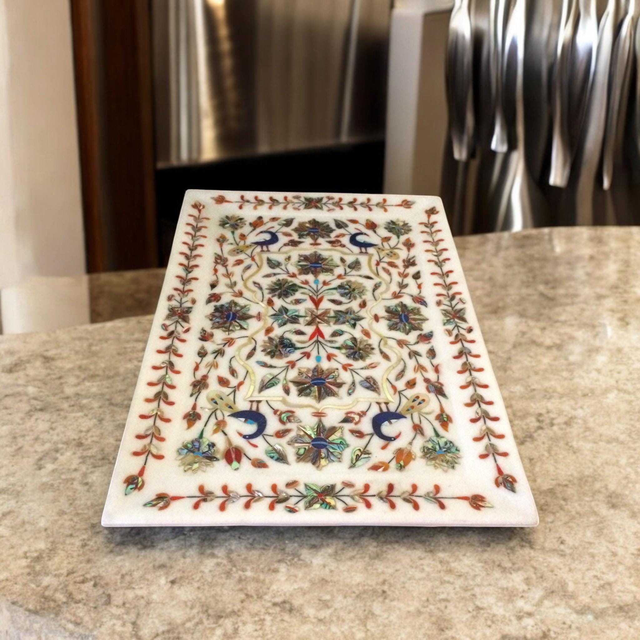 10"x12" Rectangle White Marble Serving Tray Inlay Floral Marquetry Arts Luxurious Abalone Shell Stone and Home Gift Item Decor