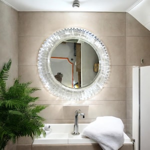 Round Selenite Wall Hanging Mirror Exclusive Design Handmade Crystal Modern Arts Luxurious Living Room Interior Decorative