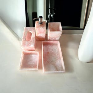 Rose Quartz Bathroom Accessory Set of 5 Pcs Luxury Tissue Box and Soap Dispenser with Silver Pump Handmade Art Interior Home Decorative