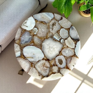 Round Agate Console Table Top Handmade Arts Healing Crystal Stone Mid Century Modern Arts Luxurious Kitchen Centerpiece Interior Furniture