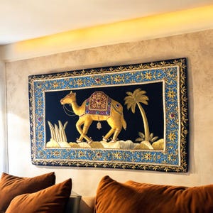 Zardozi Camel Tapestry: Hand-Embroidered Jewel Wall Hanging (24&quot;x48&quot;)