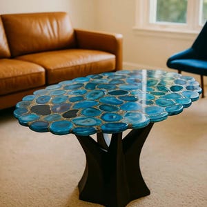 Oval Handmade Blue Agate Dining Table Top Modern Crystal Stone Mid Century Modern Custom Solid Furniture Decor