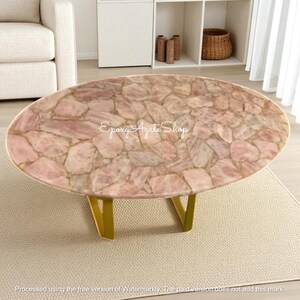 Oval Rose Quartz Coffee Table Top Healing Crystal Pink Stone Mid Century Modern Arts for Restaurant Countertop Decorative & Home Accent