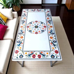White Marble Sofa Center Dining Table Handmade Arts Semi Precious Inlaid Stone Pietra Dura Artwork Luxury Peacock Design Home Furniture Deco