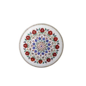 Round Marble Serving Plate Hand Carved Beautiful Inlay Work Carnelian with Semi Precious Stone Drinkware Table Decorative Modern Plate