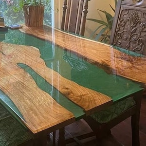 Made To Order Green River Epoxy Table Top Handmade Natural Acacia Wooden Live Edge Kitchen and Dining Resin Furniture Art Deco