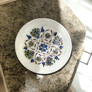 White Marble Serving Plate Hand Crafted Inlay Floral Art 15&quot; inch Precious Abalone Shell Stone Luxury Marquetry Occasional Housewarming Deco