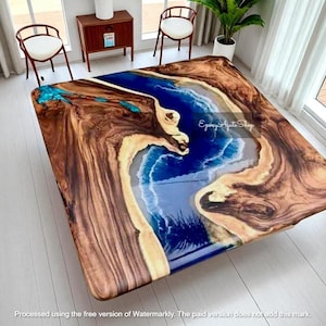 square blue resin epoxy coffee tabletop, ocean wave coastal river art live edge walnut table, handmade acacia wood luxury counter furniture