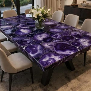 Purple Agate Stone Dining Table, Rectangle Gemstone Table Top, Handmade Semi Precious Stone Furniture, Modern Dining Room Decor