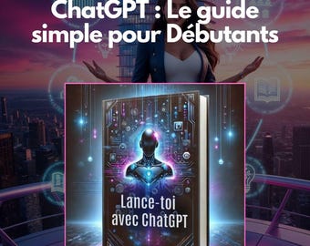 Könnte beinhalten: Ein Buchcover mit blauem und violettem Hintergrund, auf dem ein Roboter mit leuchtendem Kopf zu sehen ist. Der Titel des Buches lautet "Lance-toi avec ChatGPT" und der Autor ist "Mel Garcia".